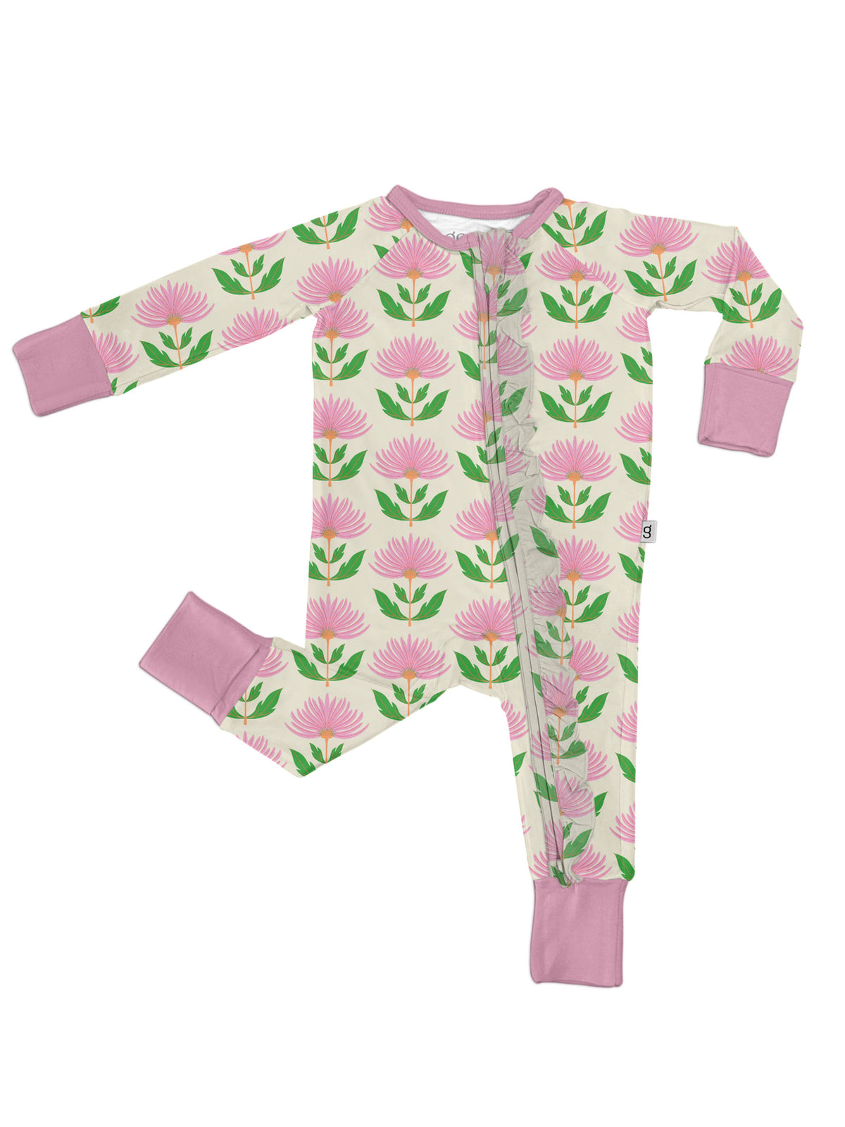 Pink Block Flowers - Convertible Zip Pajamas w/ Ruffle