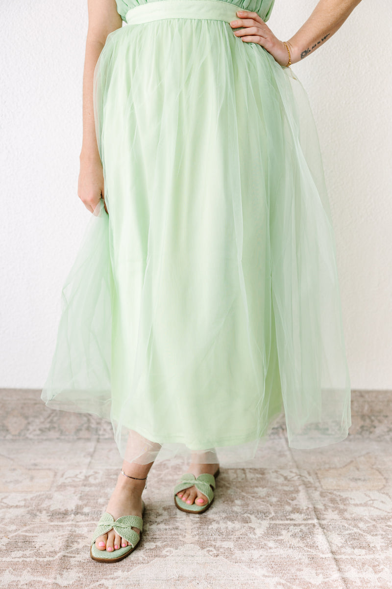 Frill Tulle Green Midi Dress