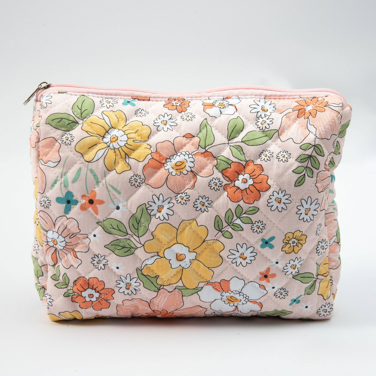 Pink Floral Quilted Cotton Bag - Travel Makeup Bag