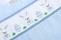 Light Blue Gingham Easter Egg and Bunnies Smocked Shortall