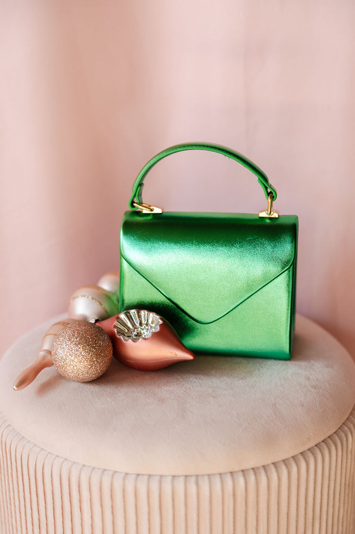 Green Metallic Top Handle Clutch