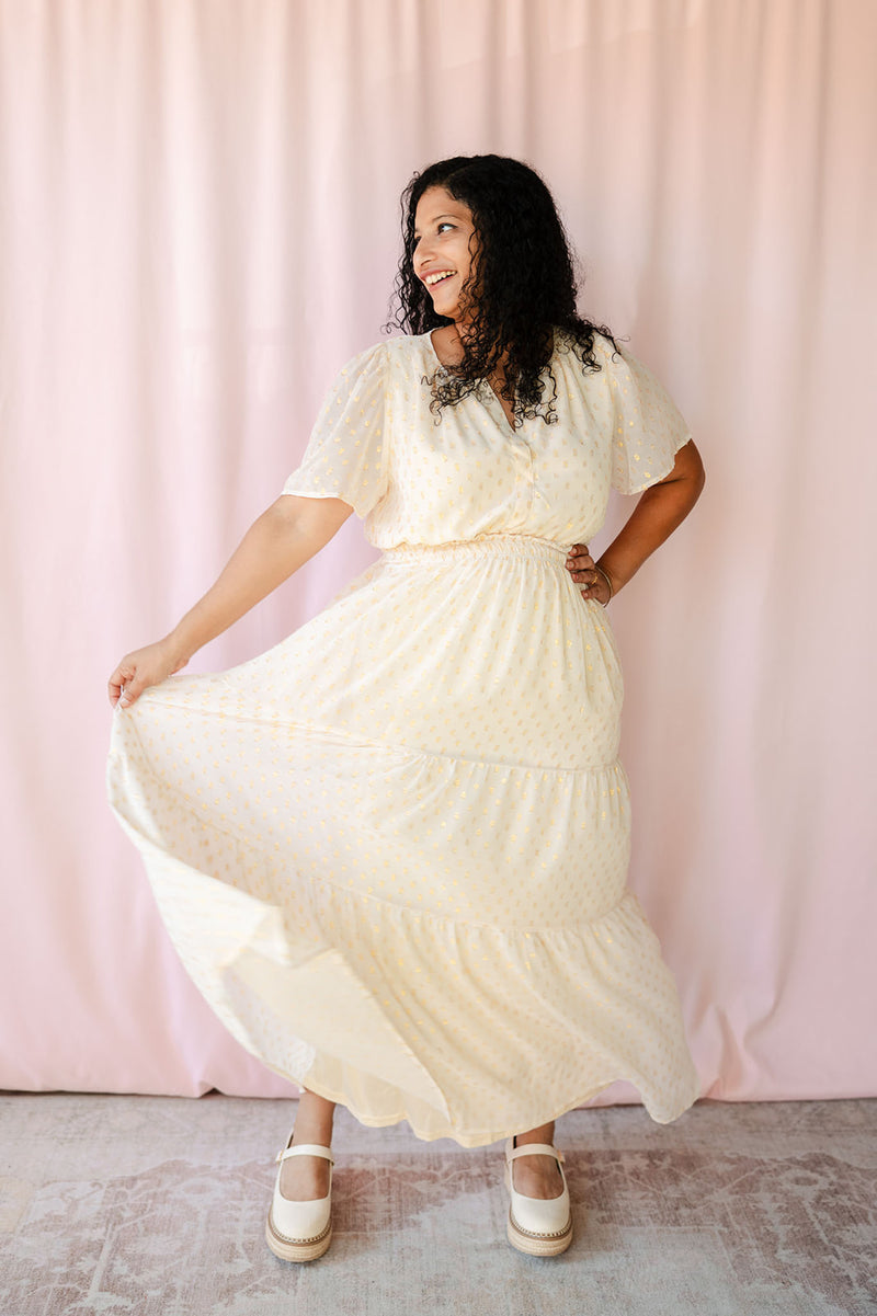 Metallic Dot Tiered Midi Dress