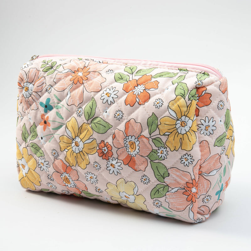 Pink Floral Quilted Cotton Bag - Travel Makeup Bag