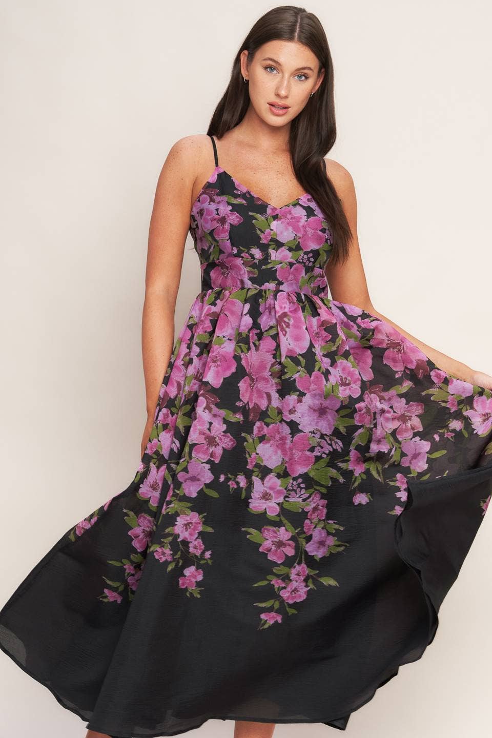 Floral print midi gown with cami top, wide cinched waistband, full skirt, and back zipper closure