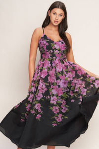 Floral print midi gown with cami top, wide cinched waistband, full skirt, and back zipper closure