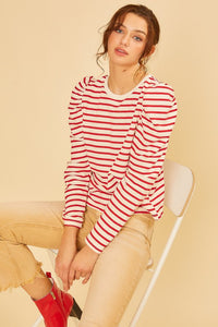 Stripe Puff Sleeve Crew Neck Knit Top