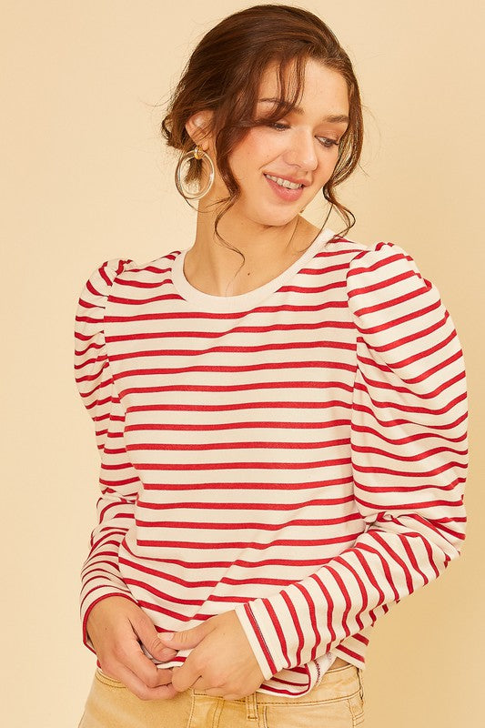 Stripe Puff Sleeve Crew Neck Knit Top