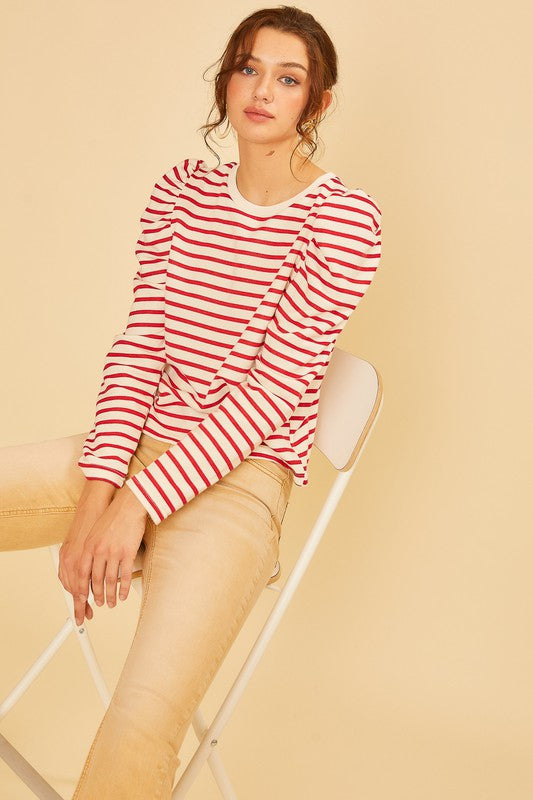 Stripe Puff Sleeve Crew Neck Knit Top