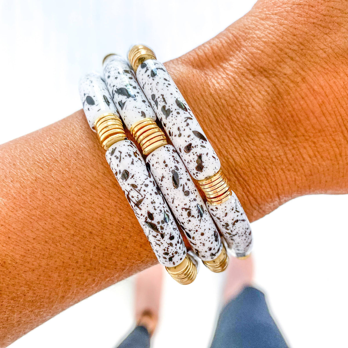 White & Black Speckle Acrylic Tube Bamboo Bracelet