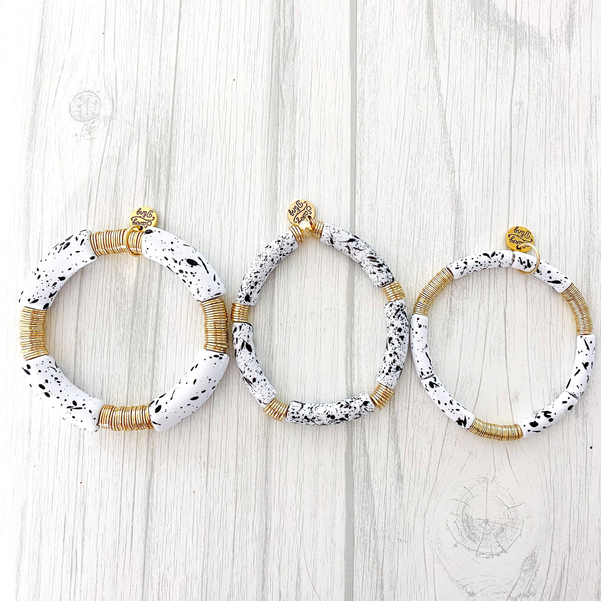 White & Black Speckle Acrylic Tube Bamboo Bracelet