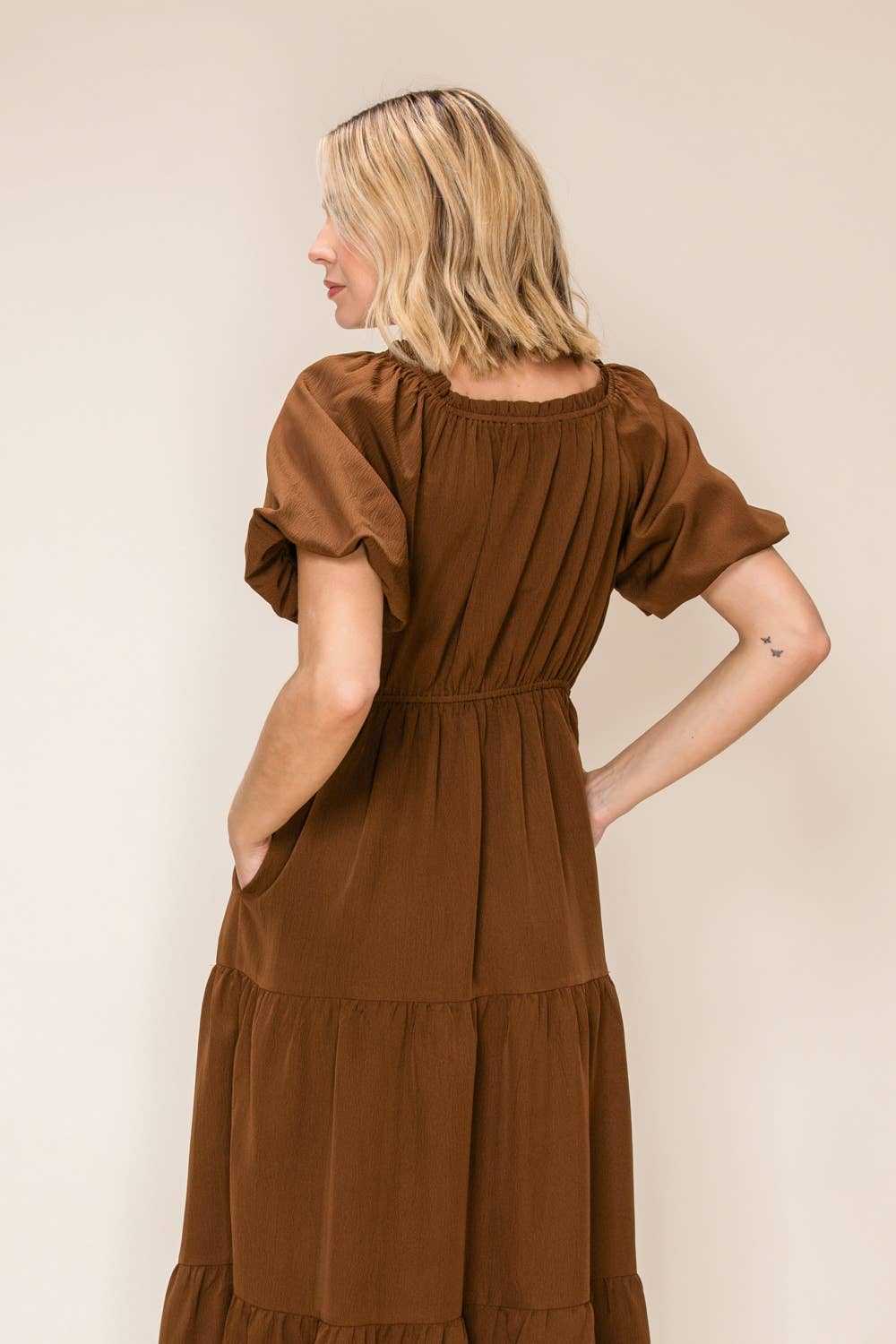 Brown Puff Sleeve Midi Dress