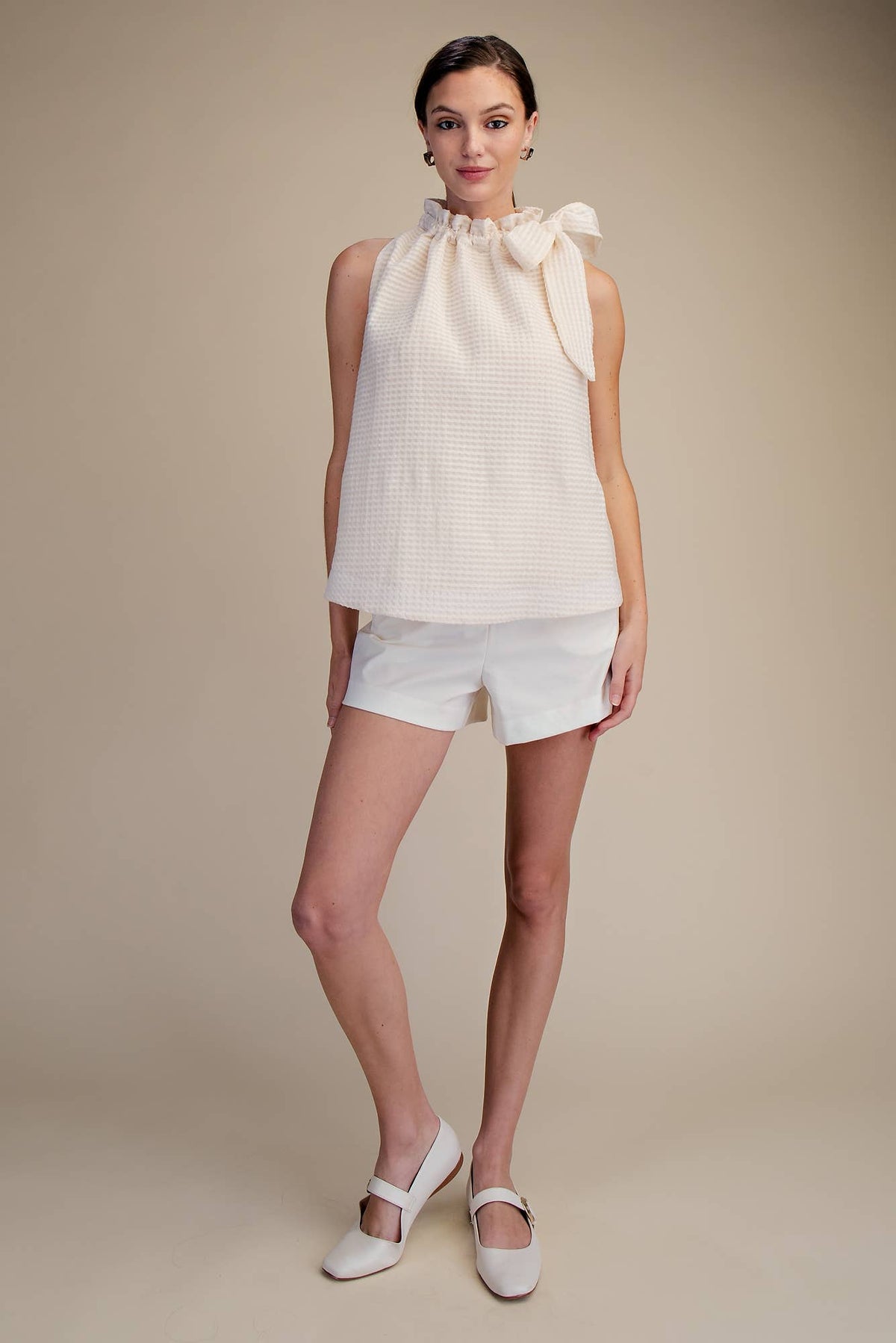 White Ruffle Neck Tie Blouse