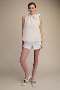 White Ruffle Neck Tie Blouse