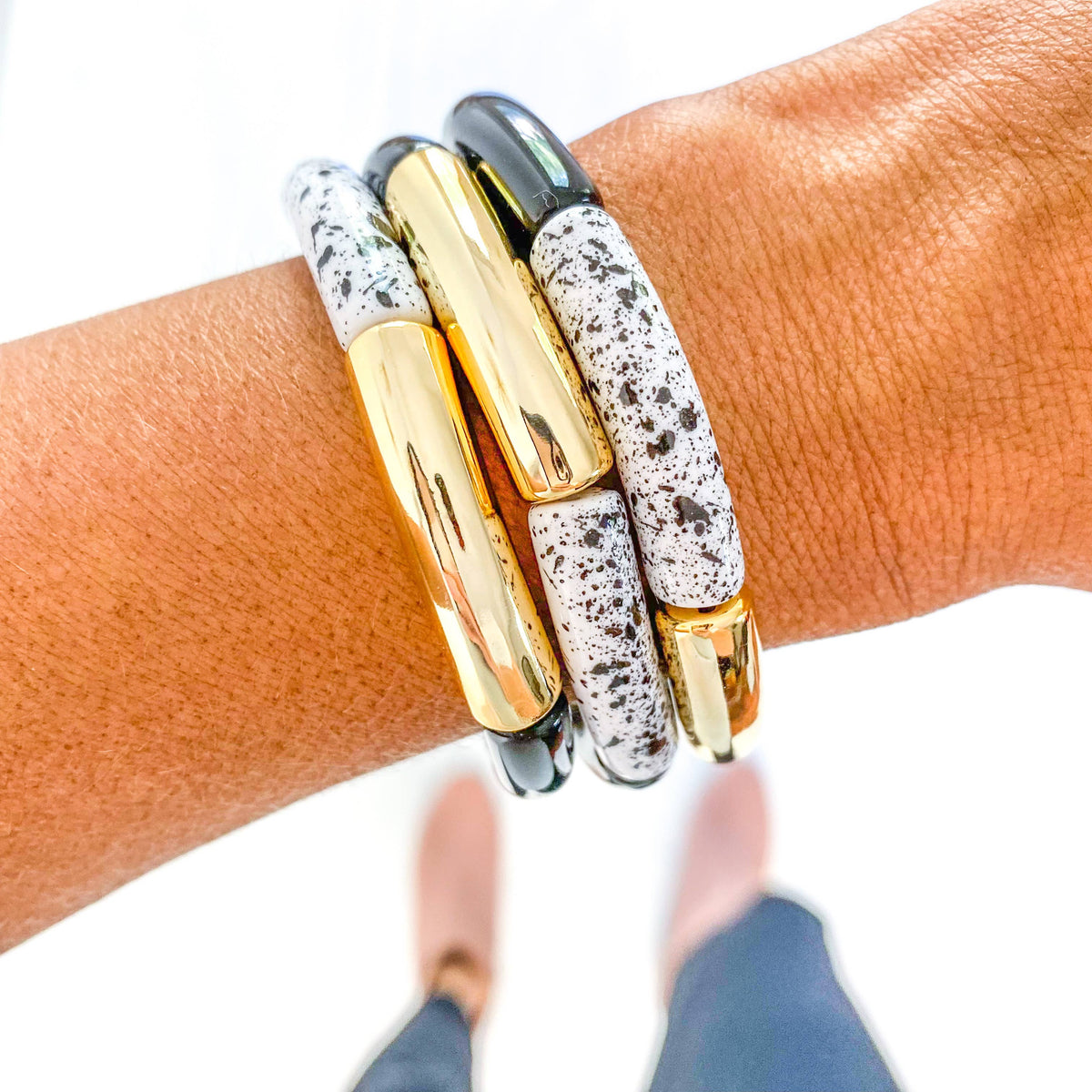 White & Black Speckle Acrylic Tube Bamboo Bracelet