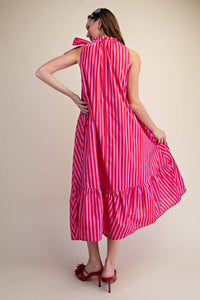 Pink Striped Sleeveless Midi Dress