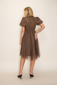 Brown Polka Dot Mesh Midi Dress