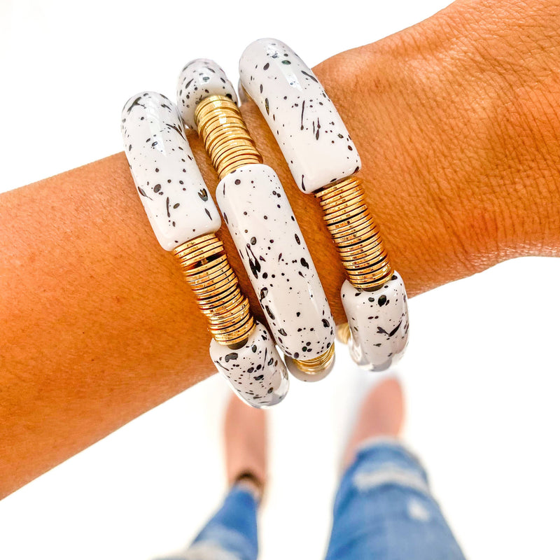 White & Black Speckle Acrylic Tube Bamboo Bracelet