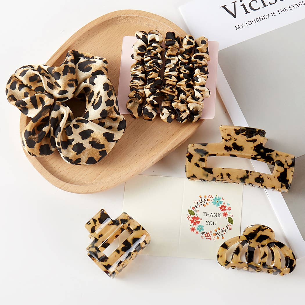 Leopard Assorted Hair Claw Clip Scrunchies Set