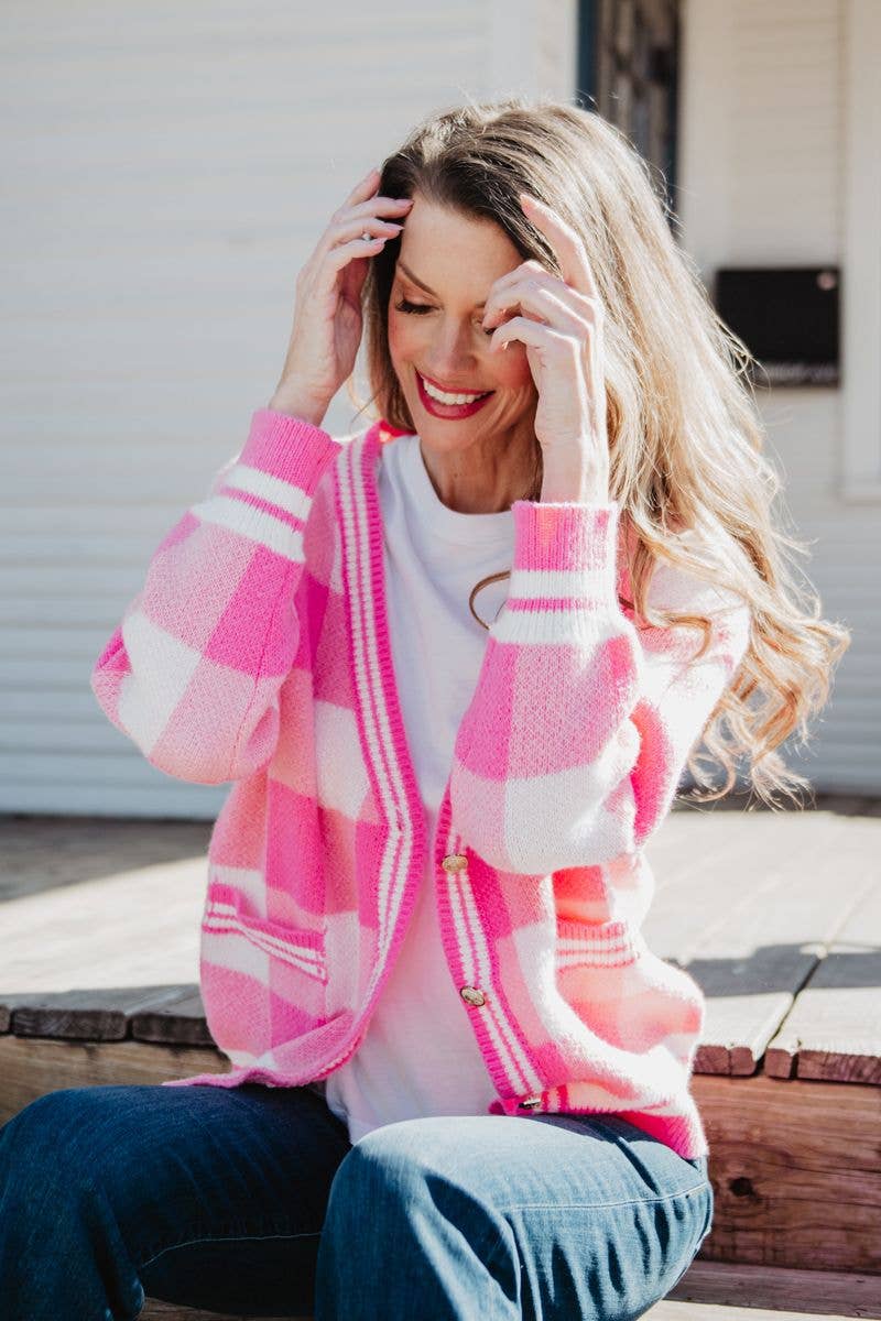 Pink Open Front Plaid Gold Cardigan