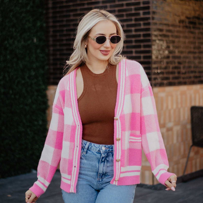 Pink Open Front Plaid Gold Cardigan