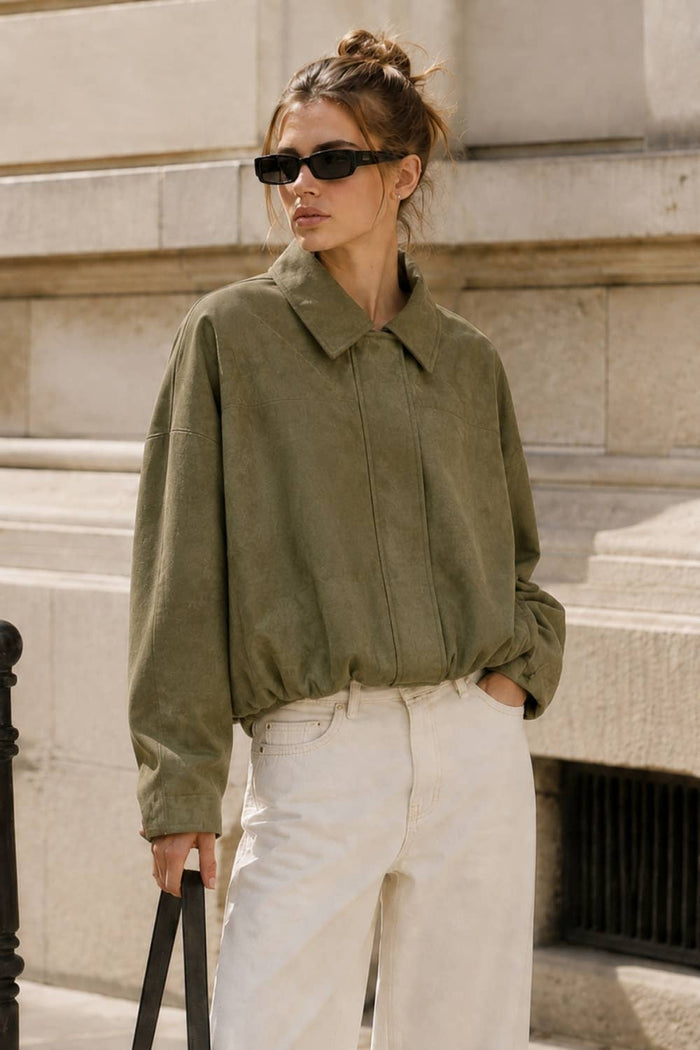Olive Faux Suede Bomber Jacket
