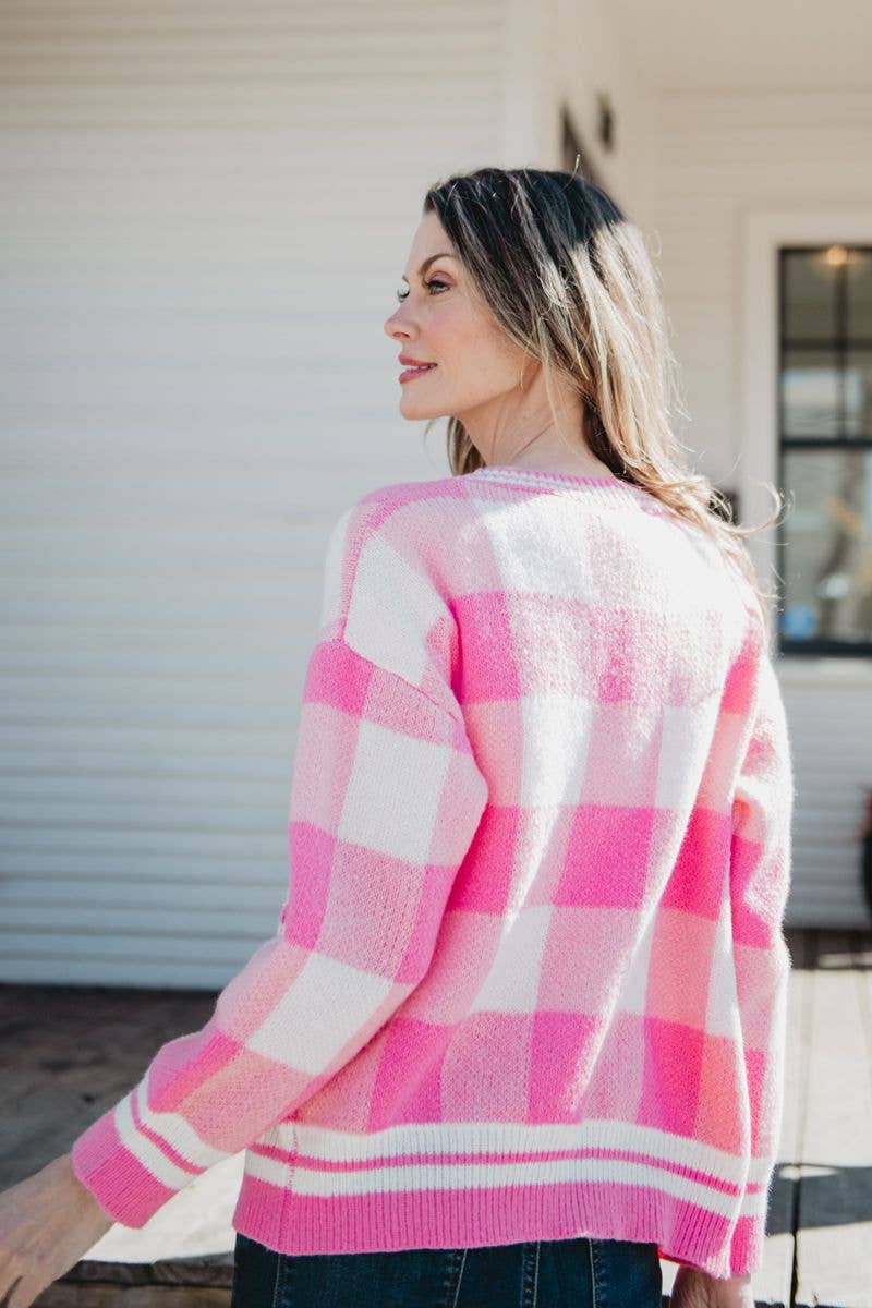 Pink Open Front Plaid Gold Cardigan