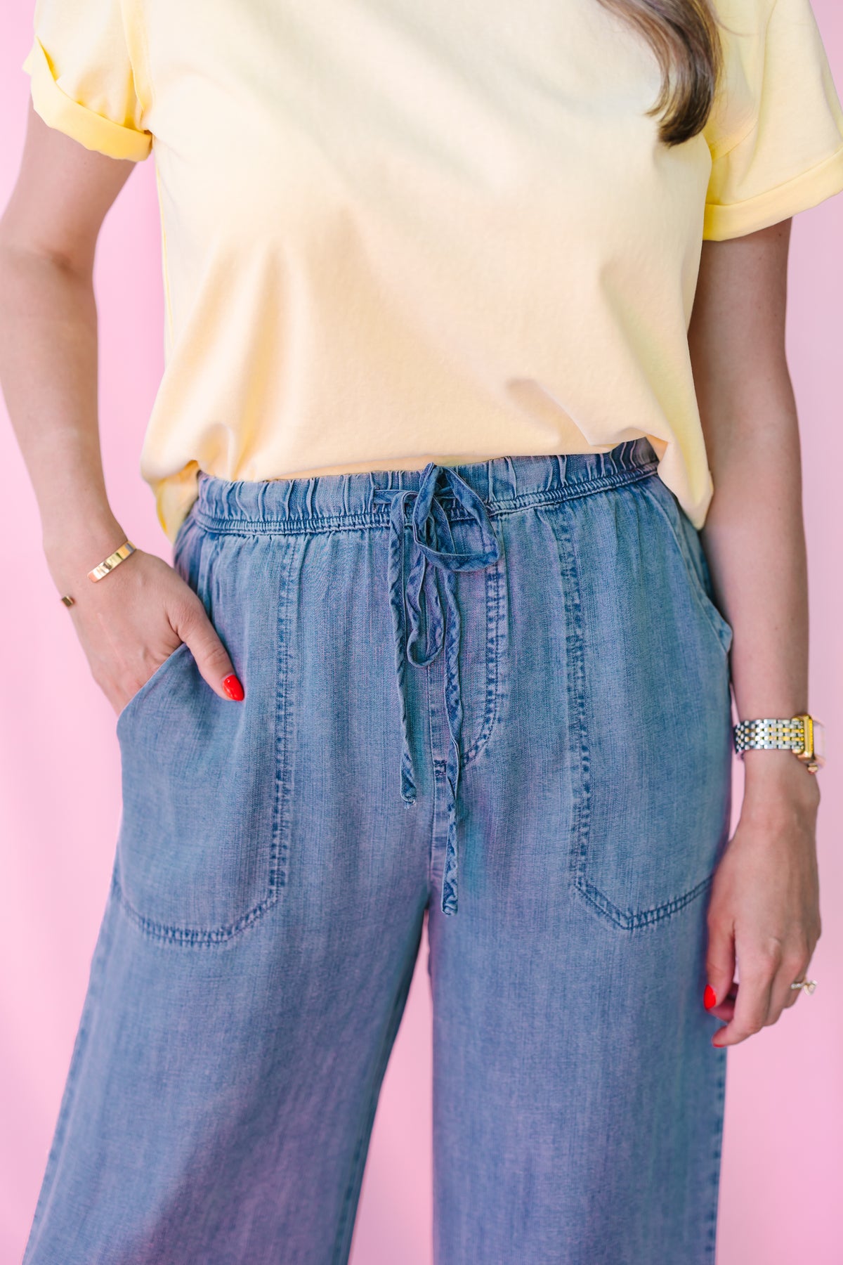 Washed Denim Drawstring Pants