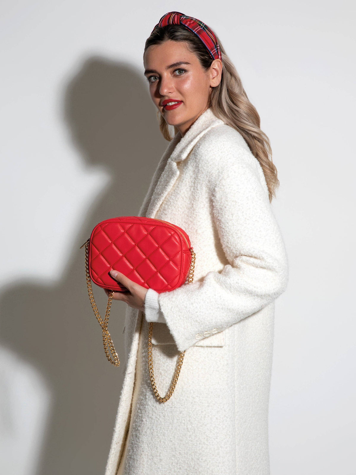 KNOTTED PLAID HEADBAND, RED