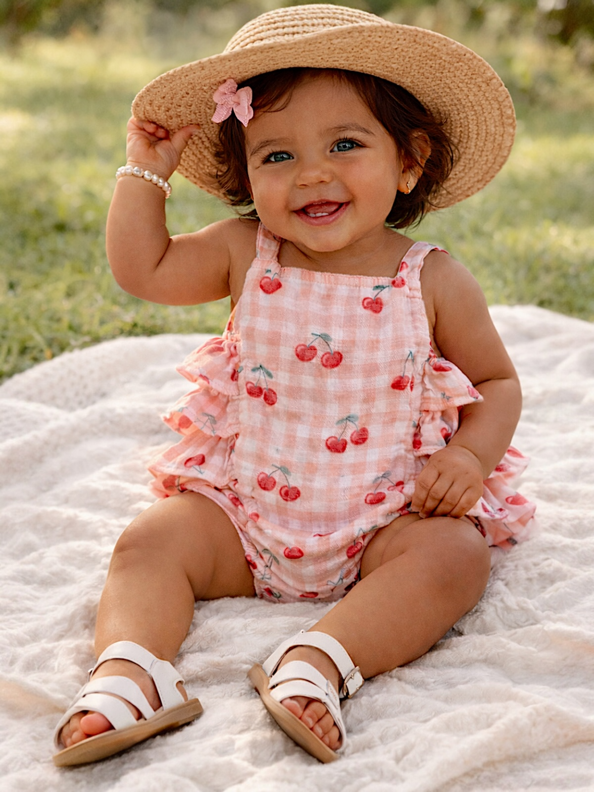 Gingham Cherries Muslin Ruffle Sunsuit