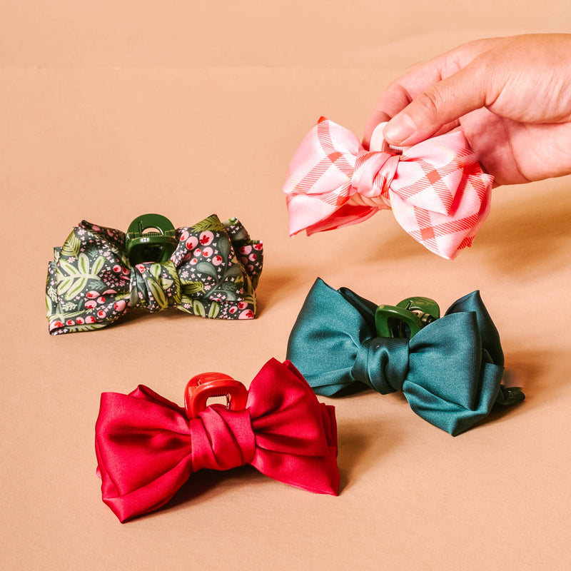 Mini Satin Bow Claw Clip-Festive Plaid