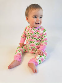 Pink Block Flowers - Convertible Zip Pajamas w/ Ruffle