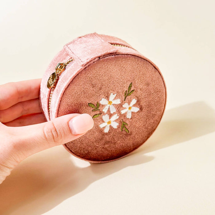 Floral Rose Round Velvet Jewelry Case