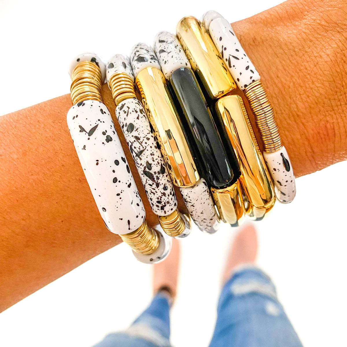 White & Black Speckle Acrylic Tube Bamboo Bracelet