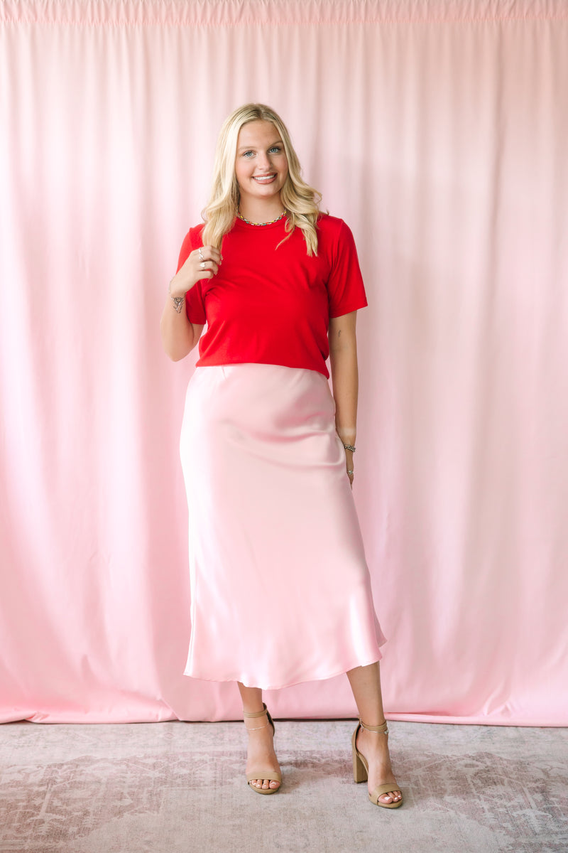 Pink Satin Midi Skirt