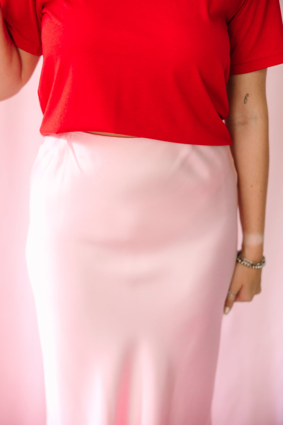 Pink Satin Midi Skirt