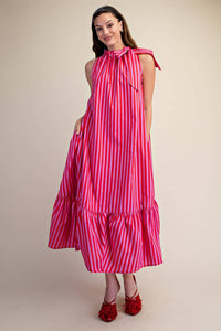 Pink Striped Sleeveless Midi Dress