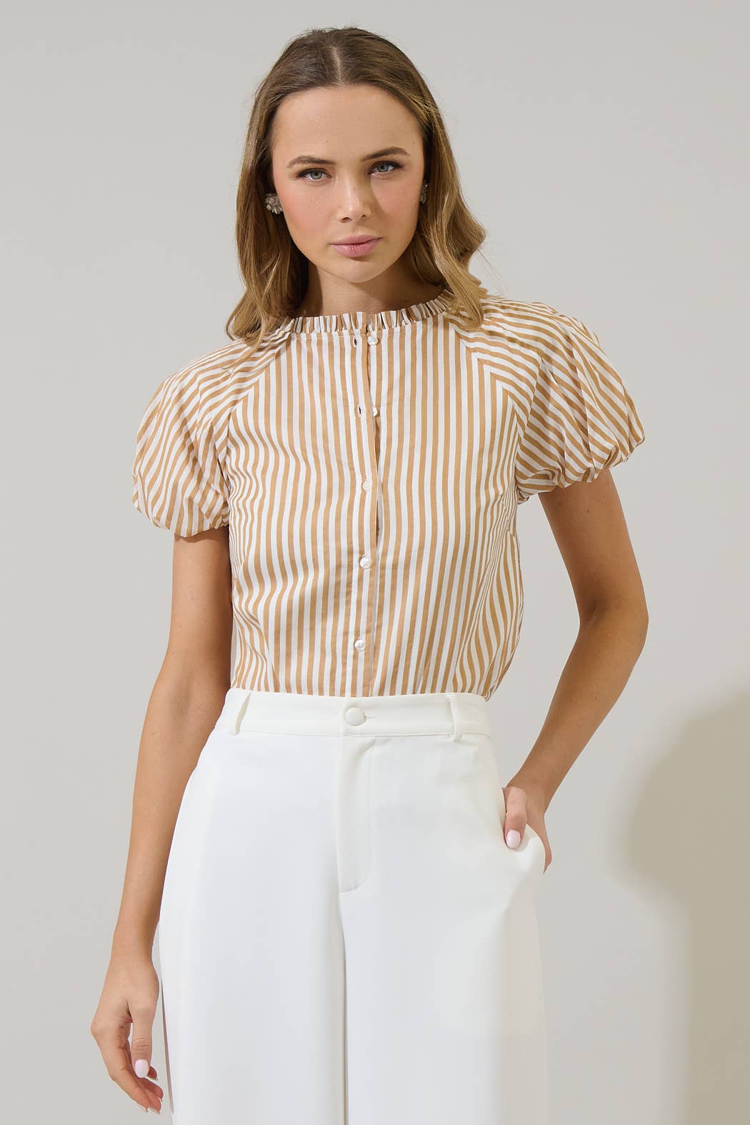 Tan Stripe Button Down Top