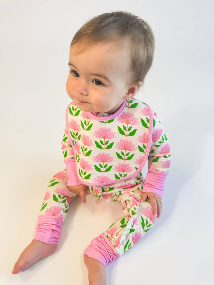 Pink Block Print Flowers - Bib Set