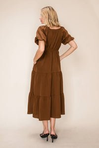Brown Puff Sleeve Midi Dress