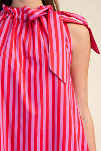 Pink Striped Sleeveless Midi Dress