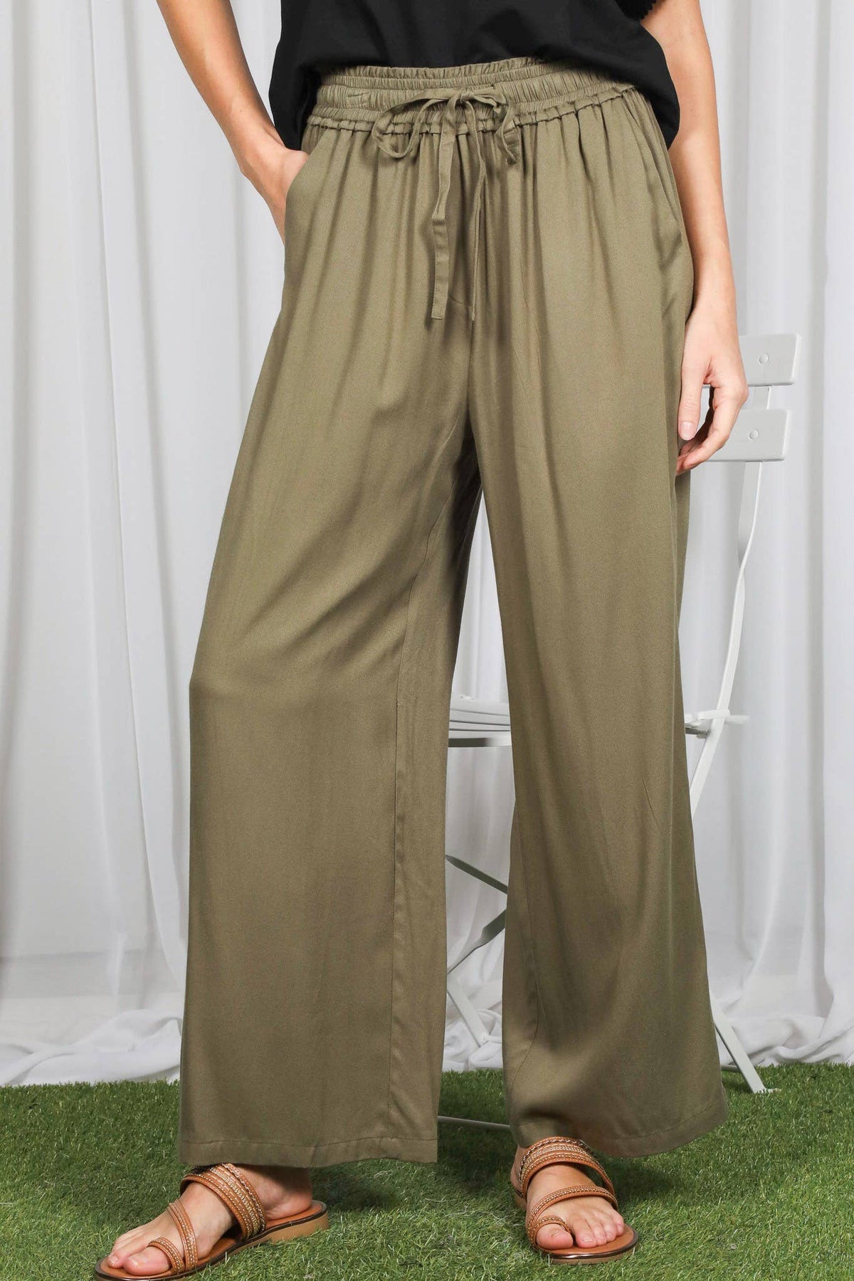 Olive Flowy Wide Leg Pants
