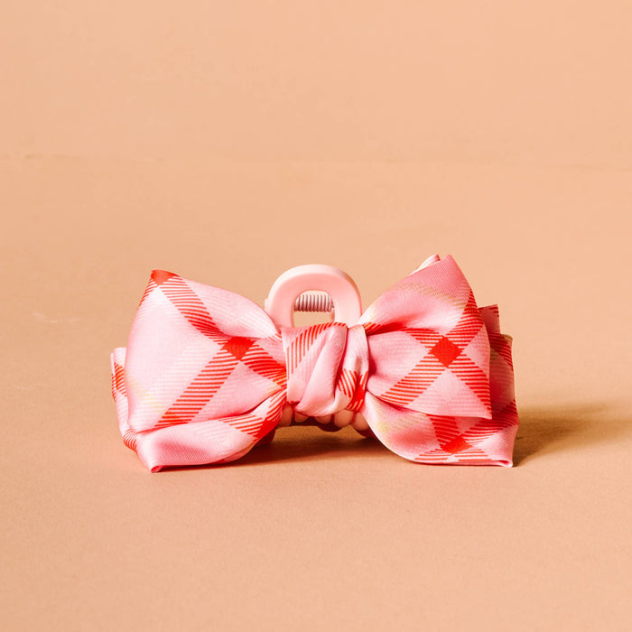 Mini Satin Bow Claw Clip-Festive Plaid