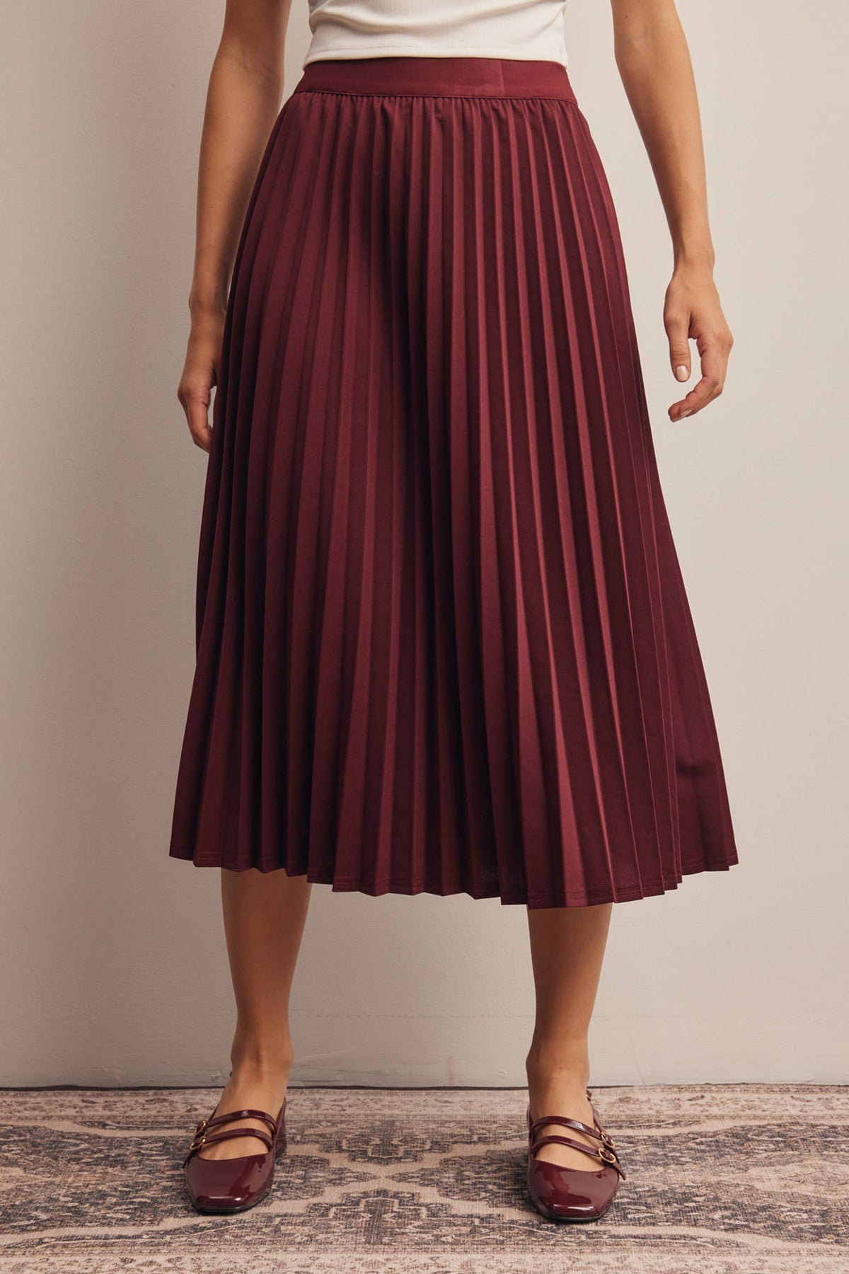 Burgundy Pleated Midi Skirt