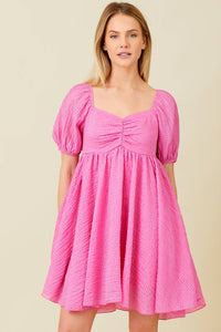 Pink Textured Woven Babydoll Dress