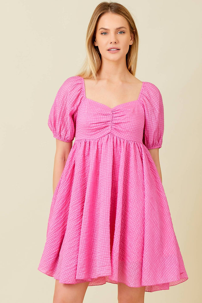 Pink Textured Woven Babydoll Dress