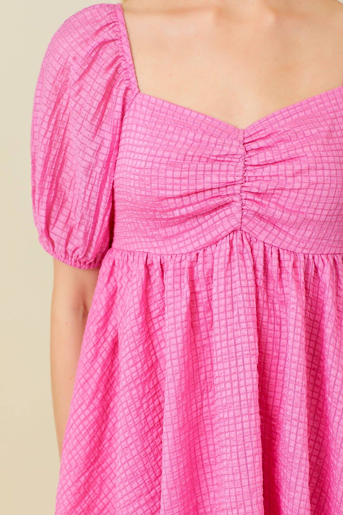 Pink Textured Woven Babydoll Dress