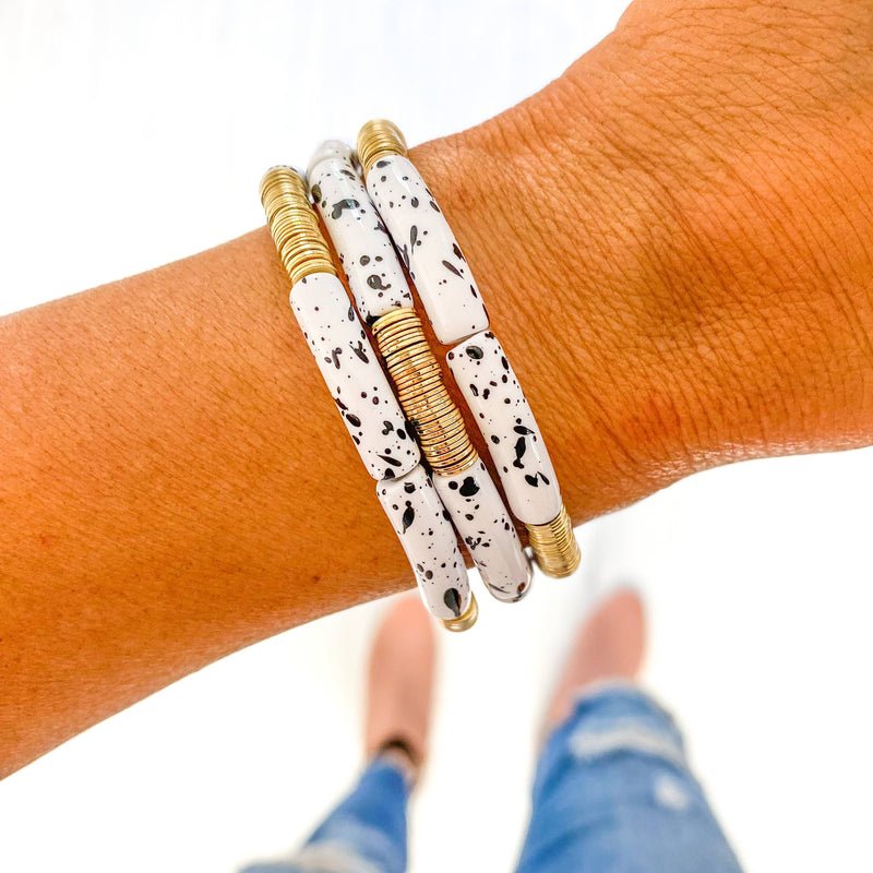White & Black Speckle Acrylic Tube Bamboo Bracelet