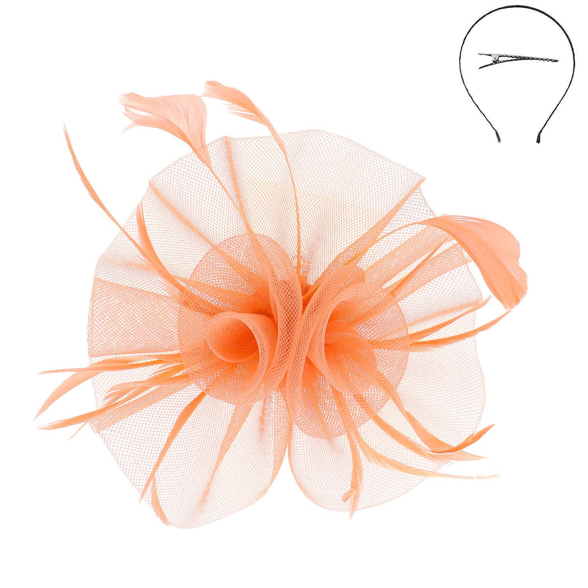 Peach Floral Feather Sheer Mesh Fascinator