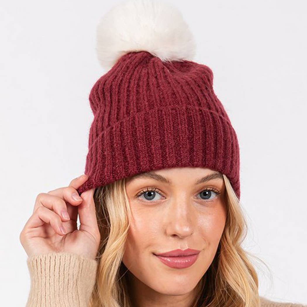 Solid Color Pom Pom Two Tone Beanie