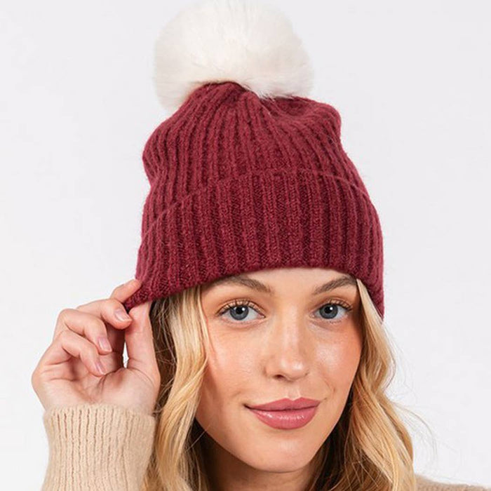 Solid Color Pom Pom Two Tone Beanie